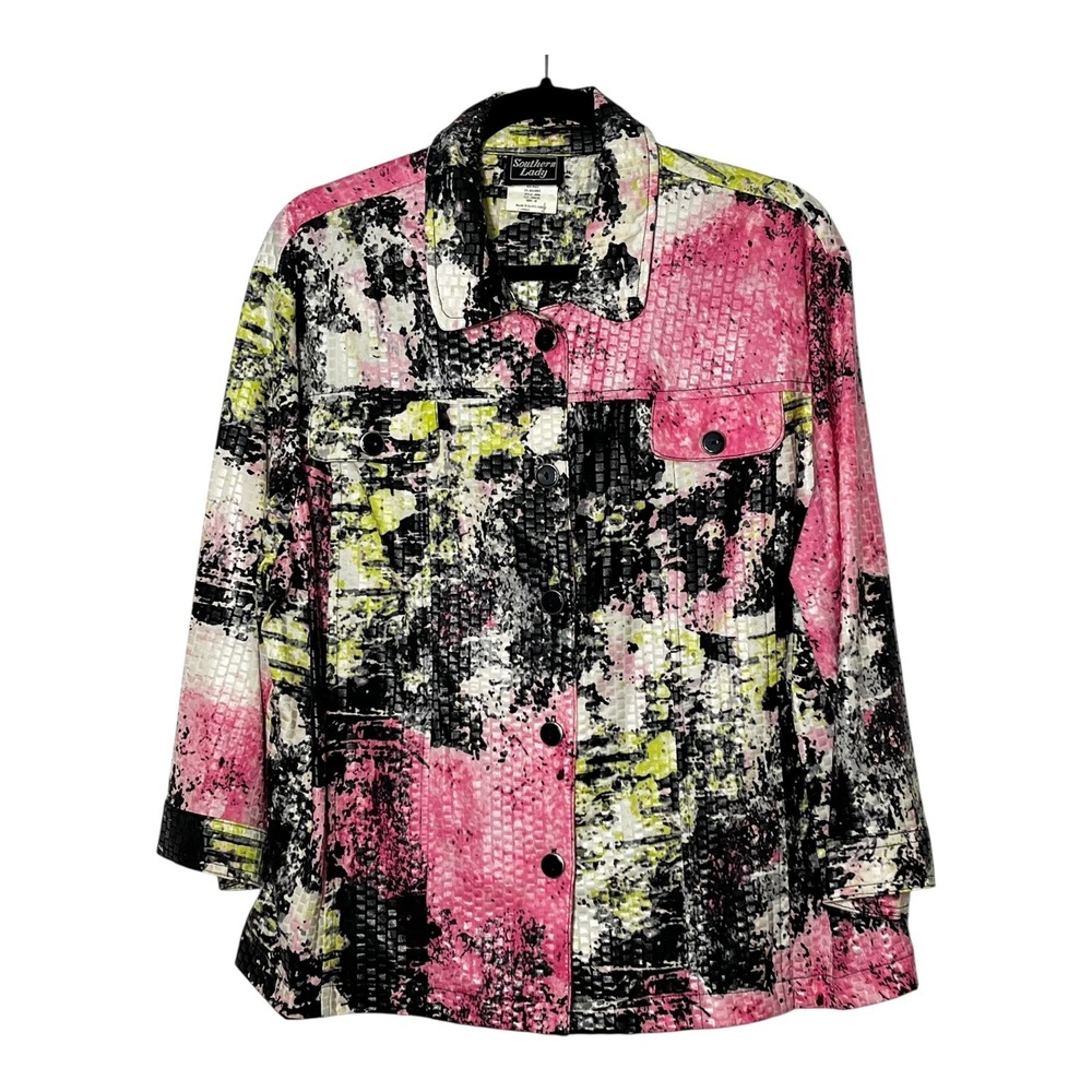 Southern Lady Women Pink Green Abstract Splatter Waffle Knit Button Jacket 18